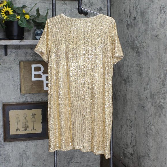NEW Vince Camuto Sleeve Round Neck Sequin Shift Dress 91522713 Gold Yellow L - Picture 2 of 5